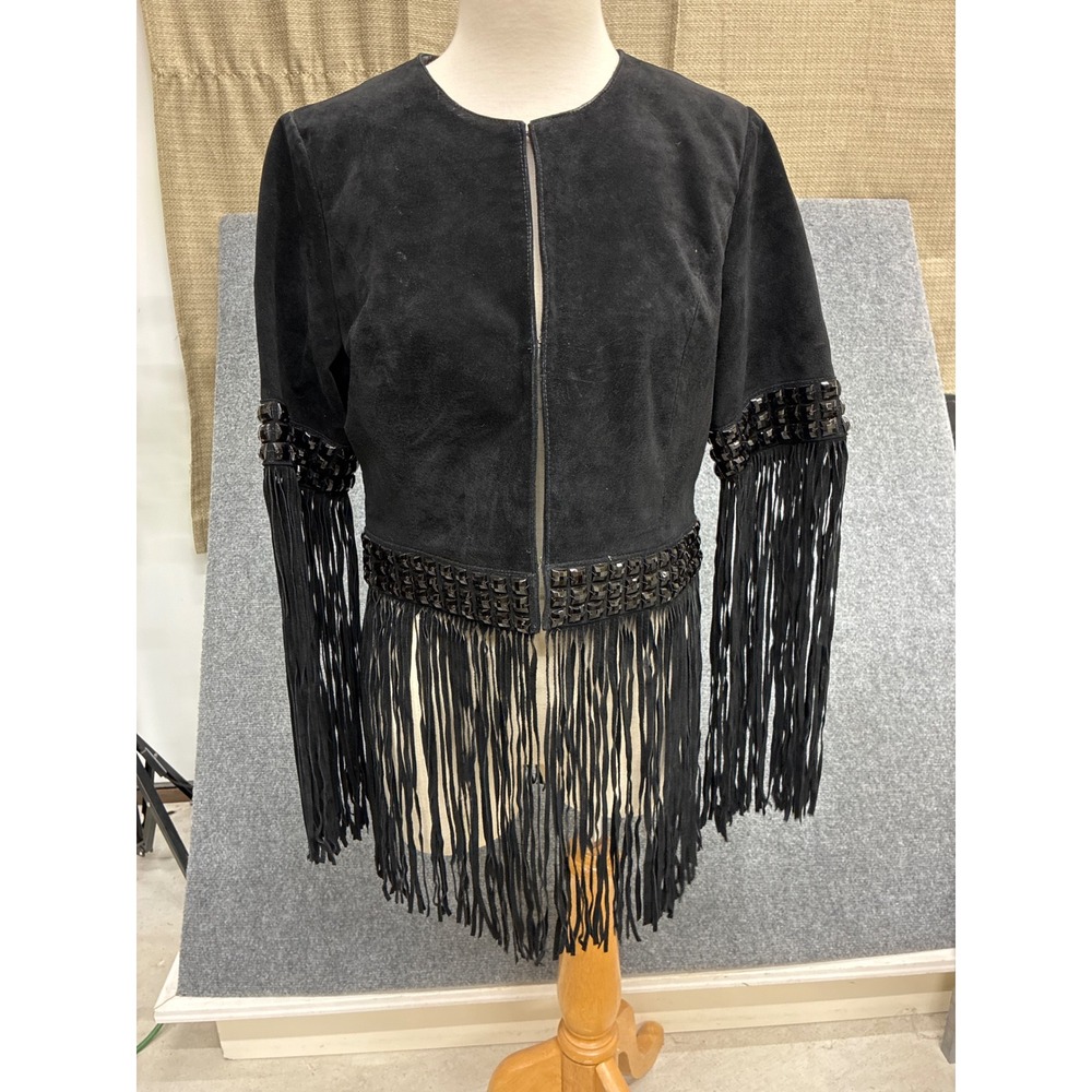Boston Proper Black Suede Leather Fringe Studded Western Jacket Womens Size 6
